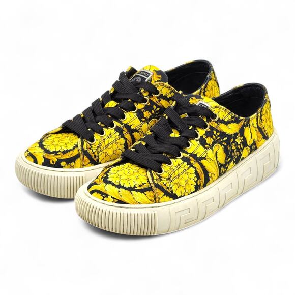 Versace Greca Baroque Floral Print Low Top Sneakers Yellow Black EU 38 US 7.5 - Picture 1 of 8